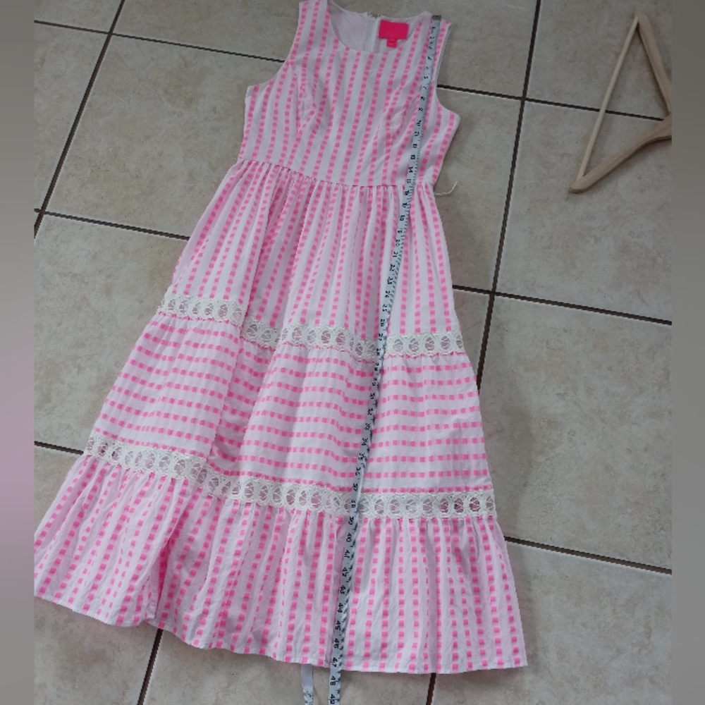 Lilly Pulitzer Maybella Tiered Midi Dress Pink Isle Gingham Lace Insert 6 - Picture 15 of 16